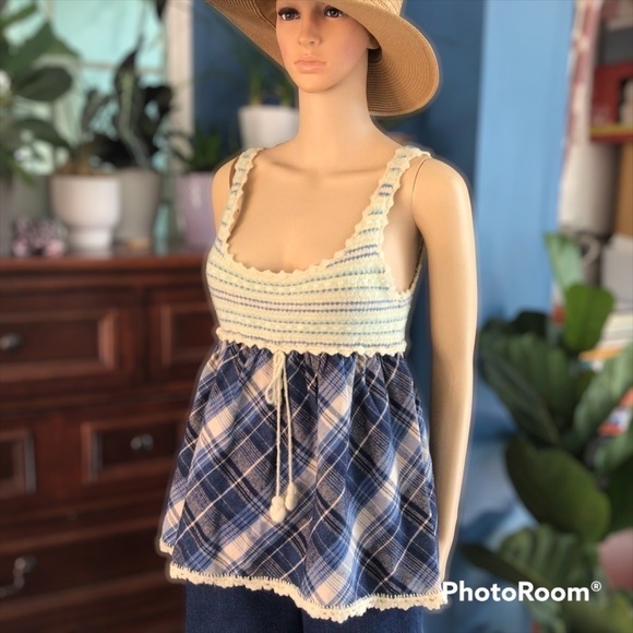 Free vintage people crochet plaid sleeves spaghetti strap top - Picture 1 of 6